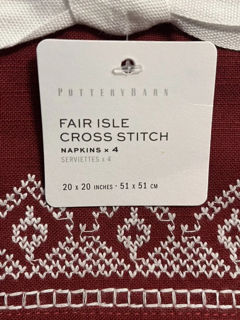 Pottery Barn Fair Isle Cross Stitch Set of 4 Red Cloth Napkins